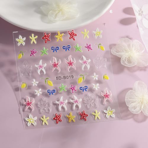 2Pcs Summer Nail Art Stickers 5D Embossed Self-Adhesive Nail Decals Starfish Bow Flower Sea Nail Design Stickers Summer Beach Theme Nails Art Supplies for Women Manicure Decorations - style: starfish flower