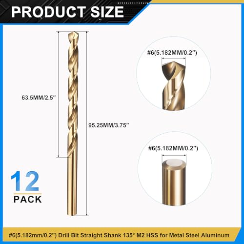 PATIKIL #6 Drill Bit Micro M2 High-Speed Steel 135° Gold Finish 12Pcs - size: #6