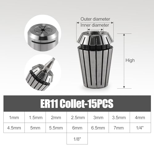 15PCS ER11 Collet Set Precision Tool for CNC Engraving Milling Lathe Chuck Tool,Collets including 1mm-7mm,1/4",1/8" (ER11) - size: ER11