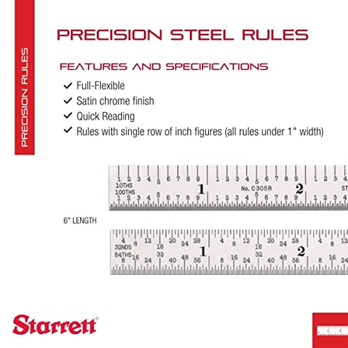 Starrett Full Flexible Steel Rule, 6" Length, 1/64" Thickness