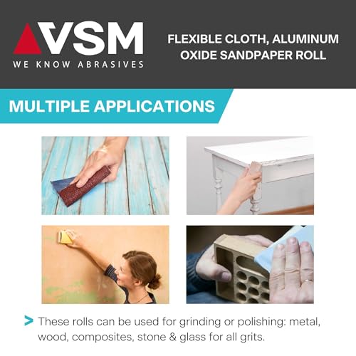 VSM 1" x 50yd (150'), 80 Grit (Medium) Aluminum Oxide Sanding Shop Roll, F-Weight Cotton Cloth Backed Sandpaper Roll for Hand Finishing, Woodworking, Metal Working, Polishing (Pack of 2) - size: 1IN x 50YD (Pack of 2), style: 80 Grit