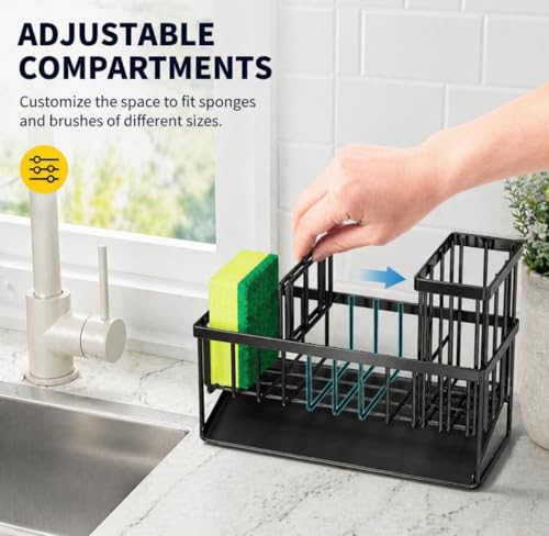 Kitchen Sink Caddy Organizer with Sloped Drain Tray, Black Sponge Holder with Utensil Holder Chopstick Cup, Fast Drain Drying Rack for Brush Soap Dispenser Countertop Storage