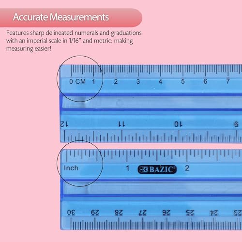 BAZIC Products 12 in Plastic Ruler with Handle Grip, Inch & Metric, 6-Set - size: 6-Pack