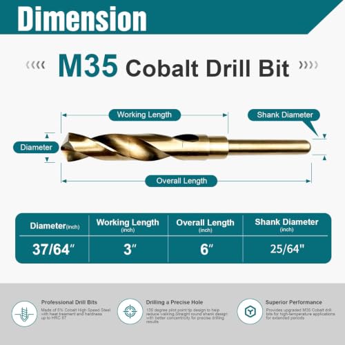 37/64 Inch Cobalt Drill Bit, M35 HSS Twist Drill Bit, 135° Split Point - size: 37/64 Inch