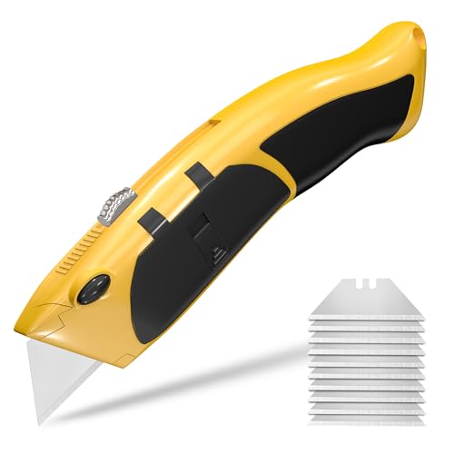 Auto Reload Utility Knife with 10 Preloaded SK5 Blades, Heavy Duty Box Cutter Retractable and Razor Knife with Non-Slip Rubber Handle and Lanyard Hole