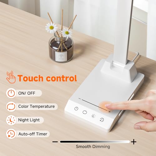 ShineTech LED Desk Lamp for Home Office,Foldable Reading Lamp with Adapter - color: White