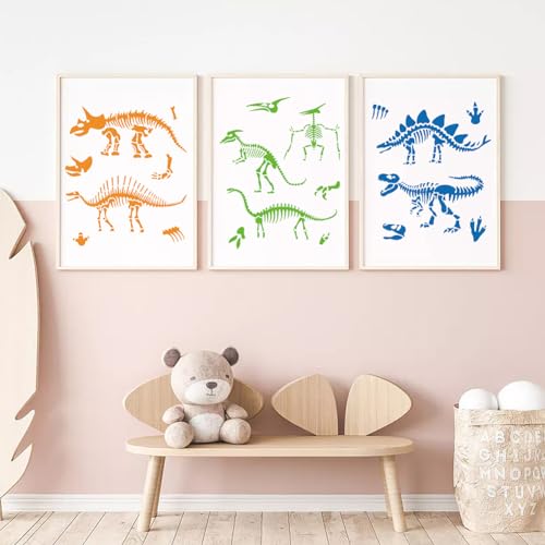 MAYJOYDIY 3pcs Dinosaur Skeleton Stencil Template Stegosaurus Triceratops Tyrannosaurus Rex Stencils 11.8×11.8inch with Paint Brush Dinosaur Footprint Stencils for Painting DIY Craft Window Wood - color: Dinosaur Skeleton