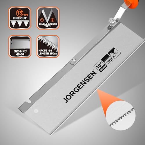 JORGENSEN 10" Dovetail Reversible Saw, Professional Cutting Jamb Saw, 13TPI Double Ground Teeth Flush Cut Saw Spring Loaded Design Cranked Soft Handle, Shorten Door Frame, Tile Installation and Prep