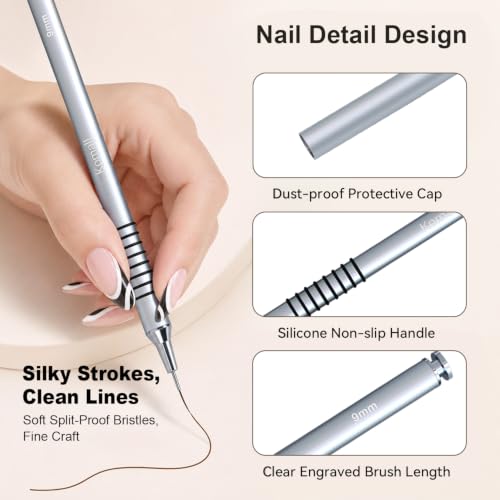 Komall Metallic Nail Art Brushes, 6Pcs Non-slip Liner Brushes Set, Silver - color: Silver
