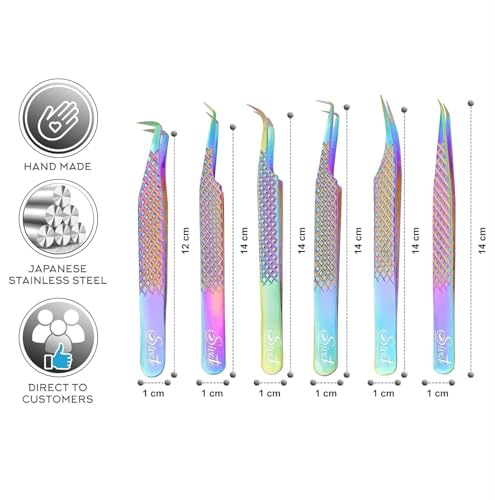 Eyelash Extension Tweezers Set of 6, Fiber Tips, Rainbow - color: Rainbow