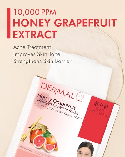 DERMAL Honey Grapefruit Collagen Essence Korean Facial Mask Sheet Pack of 10 - Rich in Vitamin C & Amino Acid - Hydrating, Evens Skin Tone & Dark Spots - Hypoallergenic Skin Friendly Sheet - color: Honey Grapefruit Collagen
