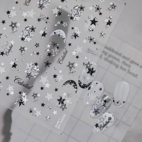 1 Sheet 5D Embossed Holographic Star Nail Stickers Metallic Shiny Star Nail Decals Self-Adhesive Cute Y2K Nail Stickers for Nail Art Black Silver Stars Nail Supplies for Women DIY Nail Decorations - color: Y2k Black Silver Star