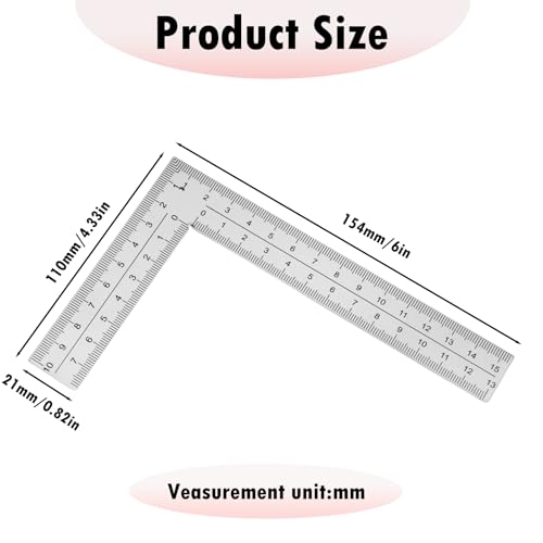 Stainless Steel L Shaped Ruler, 4 Inch by 6 Inch Framing Square Carpenter Square Sliver Metal Square Right Angle Ruler Square Framing Measuring Tool for Engineer Carpenter