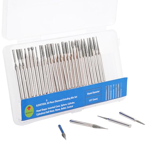 ILOVETOOL 30Pcs Diamond Drill bits Burr Set, 1/8 Inch Shank for Dremel, for Glass, Ceramic, Stone, Jewelry Making - Engraving, Carving, Polishing Bits - size: Shank 3mm(1/8-inch)