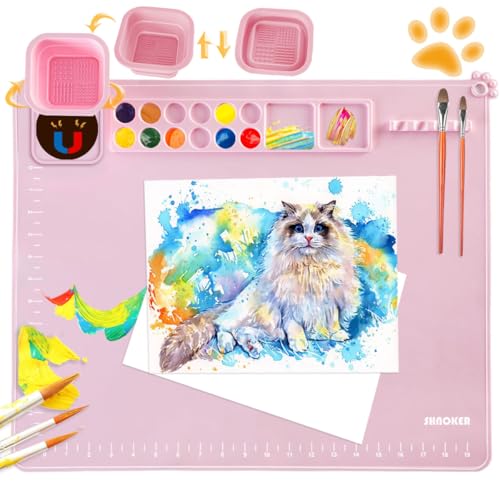 SHNOKER Silicone Craft Mat 21.7"x17.7" Super Large Silicone Painting Mat with 1 Magnetic Cup and Color Palette for Kids and Artist (Pink) - color: Pink