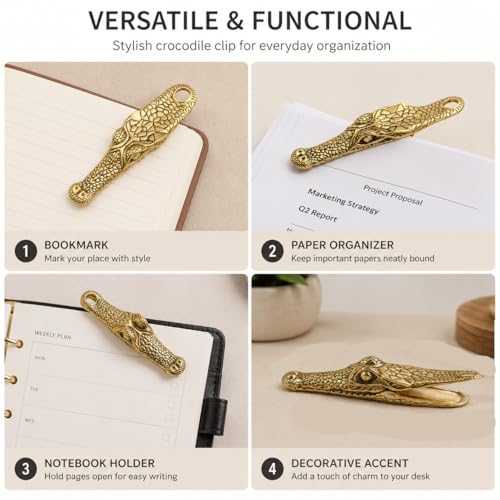 Vintage Crocodile Head Journal Clip - 3.4 Inch Heavy Duty Alligator Metal Book Clip Pin, Solid Decorative Bookmark Paper Organizer Notebook Holder Planner for Home Office Desk - color: Ancient Golden Clip