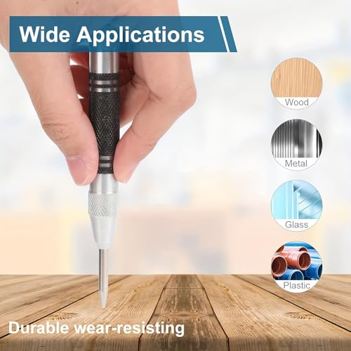 2-Pack Heavy-Duty Automatic Center Punches, 12.7cm Stainless Steel Chrome-Plated, Adjustable Spring-Loaded Hole Marker Scriber for Metal, Plastic, Wood - Durable Precision Drilling Tool