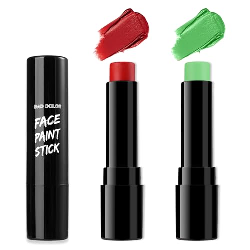 BADCOLOR Red Light Green Face Body Paint Stick Set, Oil Based Eye Balck Makeup Stick, Waterproof Facepainting Zombie Clown Witch Forest Fairy Cosplay for Halloween Party Cosplay Stage Costume Makeup - color: 2PCS Red & Light Green