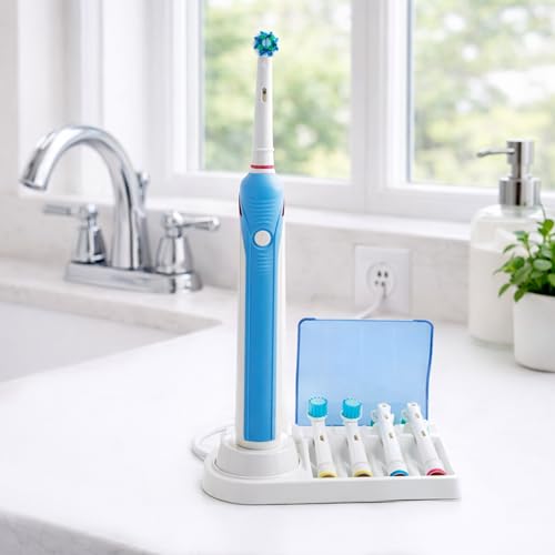 Brush Head Holder Compatible with Braun Oral B, Electric Toothbrush Head Holder Stand, Unique Blue Bracket Base, 4-Slot Display Rack, Portable Countertop Bathroom Organizer with Brush Storage Cover