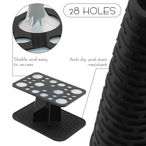 SHIDOW 28-Hole Makeup Brush Drying Rack with Silicone Drip Mat, Acrylic Upside-Down Brush Holder Organizer Stand, 1-Pack, Black - color: black
