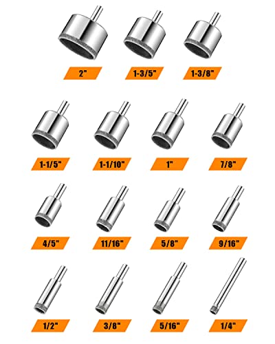 Diamond Drill bits, 15 PCS Diamond Hole Saw Drill Bit Set for Tile Pot, Glass Drill bits for Ceramic Bottles Porcelain Marble Granite Stone - color: 15 PCS (1/4"-2") Diamond Hole Saw