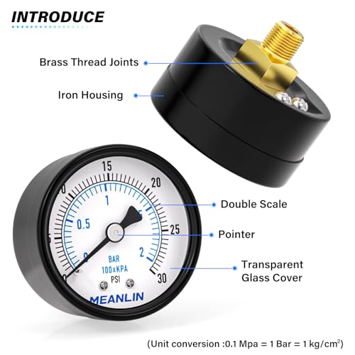 MEANLIN MEASURE 0-30Psi 2" DIAL FACE 1/8" NPT Well Pump Pressure Gauge, with 1/4" NPT and 3/8" NPT Hex Bushing, 3-2-3% Accuracy, Center Back Mount - color: 1/8"NPT Back Mount, size: 0-30Psi