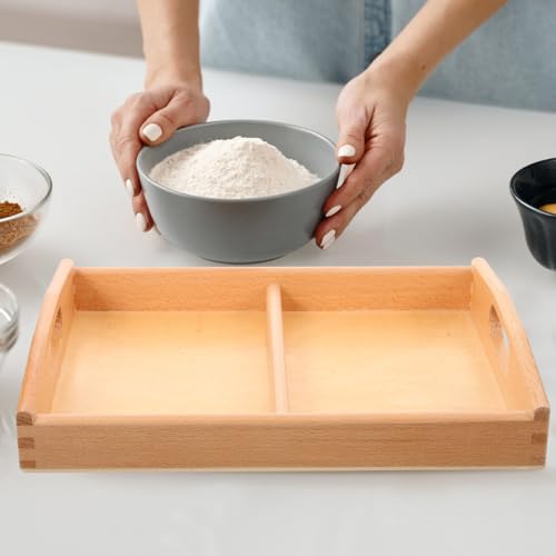 UPKOCH Small Wooden Montessori Tray with Handles, 2 Compartment