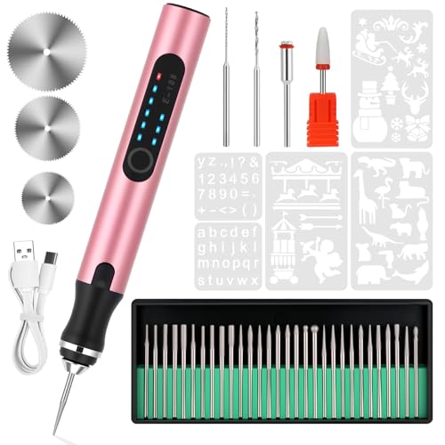 Electric Engraving Pen with 37 Bits for Wood Glass Stone Carving (Rose Red) - color: Rose Red