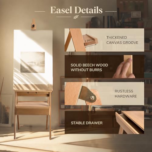Large Solid Beech Wood Painting Easel H-Frame with Storage Drawer - color: Wooden Normal