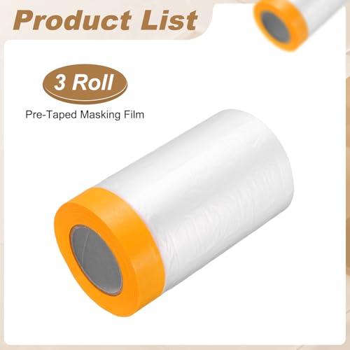 HARFINGTON 3pcs Pre-Taped Masking Film 43.3" x65ft w Plastic Sheeting,Clear - size: 43.3"x65ft