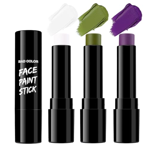 BADCOLOR 3PCS White Ogre Green Purple Face Body Paint Stick Makeup for Beetle-juice/ Frankenstein SFX Cosplay & Dress Up, Full-Coverage Halloween Facepaint Makeup Kit - color: 3PCS Beetle-juice/Monster