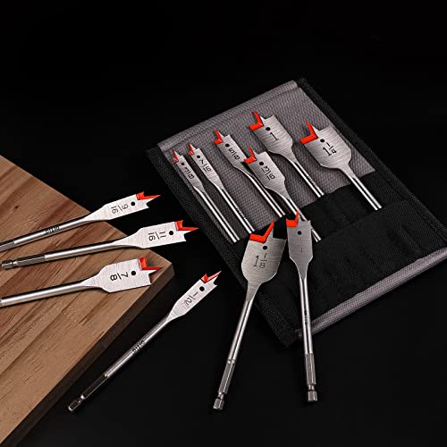 12 Pcs Spade Drill Bit Set - Carbon Steel Paddle Flat Bit with Quick Change Shank for Hole Cutter Woodworking,Portable Nylon Storage Pouch Included