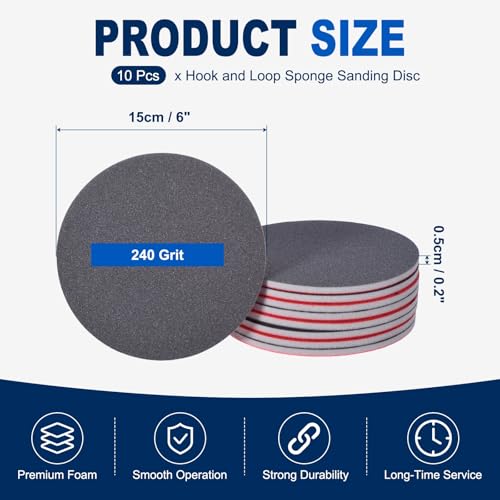 10Pcs 6 Inch Hook and Loop Sponge Sanding Disc, 240 Grit - size: 6 Inch 240 Grit