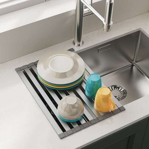 COOL-ANGLE Aluminum Roll Up Dish Drying Rack, 17.7x13.4 Inches, Matte Gray - size: Rectangle 17.7'' x 13.4''