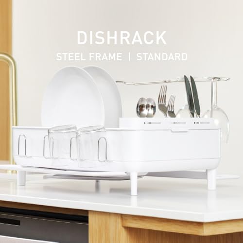 simplehuman Steel Frame Dishrack, Large Capacity Dish Drying Rack, 360º Easy Drain Swivel Spout, Utensil & Wine Glass Holder, Anti-Residue Coating, Moisture Control Surface, White - color: White, size: Full-Size (20'' X 22.3'' X 11.5'')