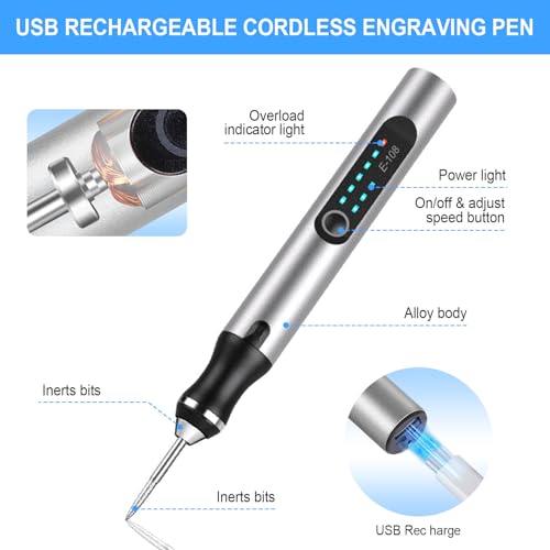 Silver Cordless Engraving Pen with 30 Bits,USB Electric Engraver Kit - color: Silver