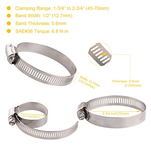 Winlong Stainless Steel 2'' Hose Clamps, 1-3/4"- 2-3/4" (45-70mm), 10PK - size: SAE#36 (1-3/4" ~ 2-3/4") 10PK