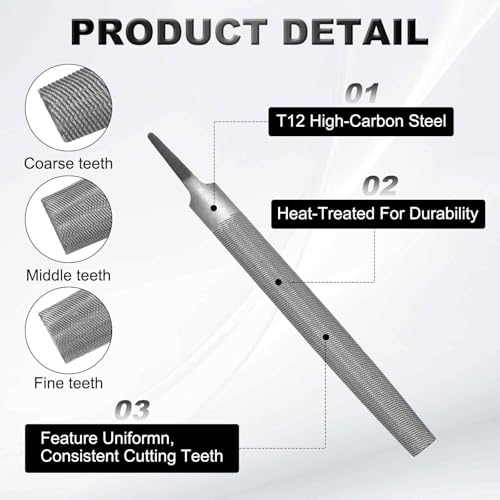 HARFINGTON 8" Half Round Medium Cut File Double Cut Teeth Medium Metal File High Carbon Steel T12 without Handle for Metal Wood Tool Sharpener, Gray - size: 8"