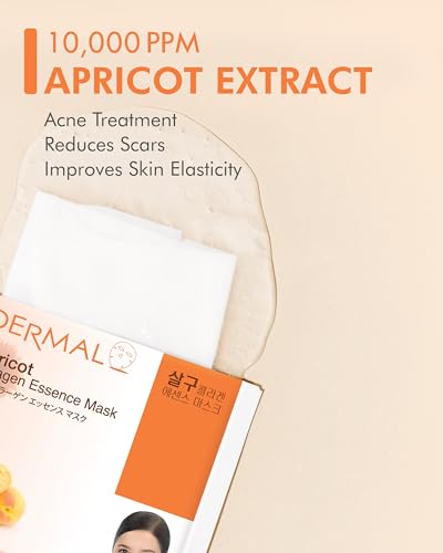 DERMAL Apricot Collagen Korean Essence Sheet Mask, Radiance, 23g, 10 Pack - color: Apricot Collagen