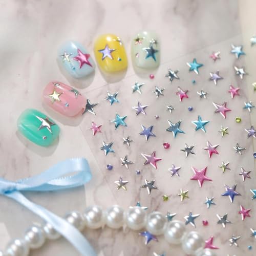 1 Sheet 5D Embossed Holographic Nail Stickers Metallic Shiny Star Nail Decals Self-Adhesive Nail Art Stickers Cute Y2K Stars Nail Stickers for Nail Art Stars Nail Supplies for Women DIY Manicure - color: Colorful Stars
