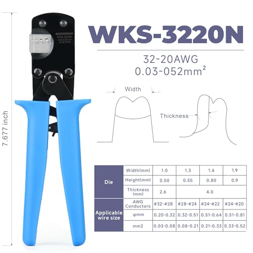 Micro Connector Pin Crimping Tool 0.03-0.52mm² /32-20AWG Ratcheting Crimper for Molex,JST,JAE open barrel terminals(WKS-3220N)