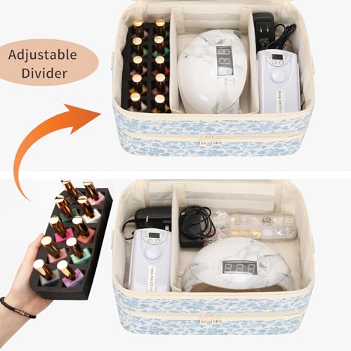 Nail Polish Organizer Bag Holds 50+ Bottles (15ml/0.5 fl.oz) &UV Nail Lamp - color: 01-Blue Flower, size: 50 Bottles