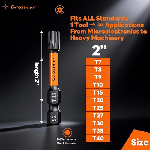Crosstar 31 Pcs 1“&2"" Impact Torx Bit Set, S2 Steel Magnetic Security Star Bits, Tamper Proof Torx Screwdriver Bits with CNC Tips for Drill/Driver, Automotive, Woodworking & Home Repair - size: T7-T40 (1IN & 2IN)