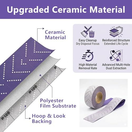 220 Grit Hook and Loop Purple Ceramic Sandpaper Roll, 2-3/4" x 13 Yard Longboard Sand Paper, Wet Dry Continuous Roll for Auto, Wood, Metal - style: 220 Grit