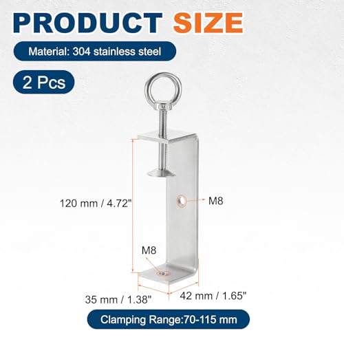 HARFINGTON 2Pcs 304 Stainless Steel C Clamps 120mm w Eye Hook Screw Silver - size: 120mm