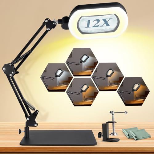 12X Magnifying Glass with Light and Stand, 144 LED Lighted Magnifying Light - color: Black