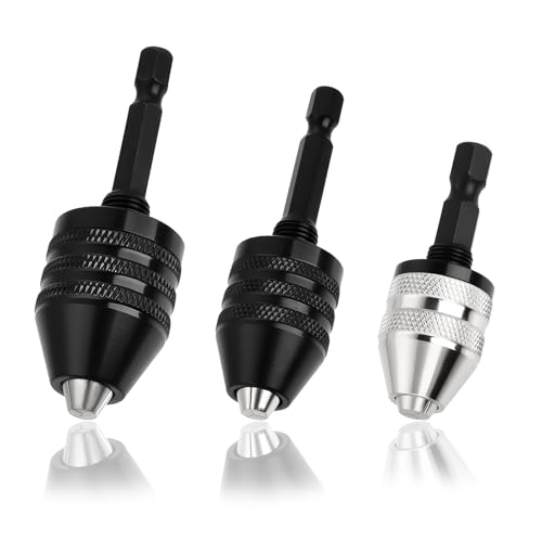 3Pcs Keyless Drill Chuck Adapter for Impact Driver, 1/4 Inch Hex Shank Quick Change Drill Bit Converter Set, Includes 0.3-6.5mm, 0.6-8mm and 0.3-3.6mm Micro Chucks Extension
