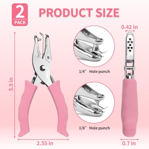 Single Hole Punch, 2 Pcs Hole Puncher, 1/4" and 1/8" Small Paper Punch - color: Pink