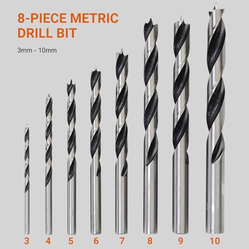 8-Pc Metric Brad Point Wood Drill Bit Set, High Carbon Steel 3-10mm - style: 8pc Carbon Steel