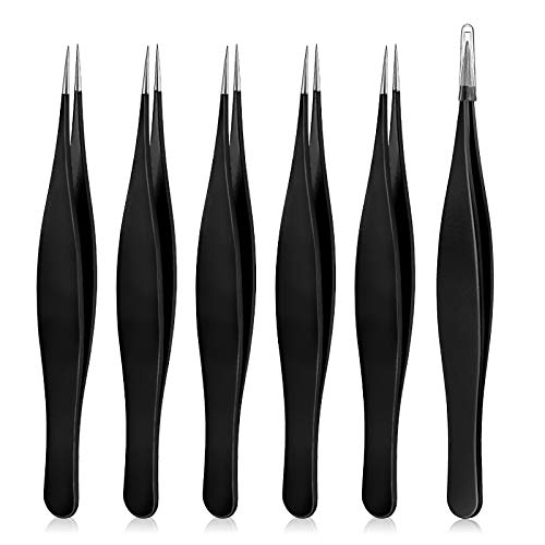 Honoson 6 Pieces Tweezers for Ingrown Hair Remover Pointed, Black - color: Black